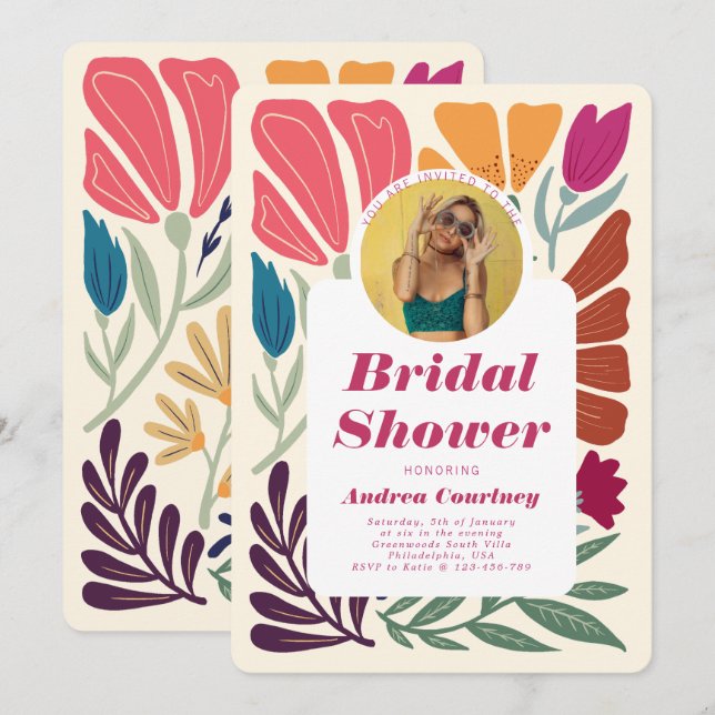 Chic Colourful Mismatch Floral Bridal Shower Photo Invitation (Front/Back)