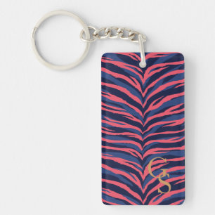 Chic colourful pink navy zebra print monogram keychain