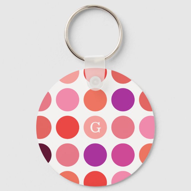 Chic colourful polka dots pattern monogram keychain (Front)