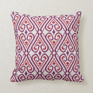 Chic colourful red and purple ikat damask patterns throw pillow