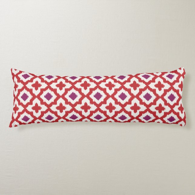 Chic colourful red and purple ikat tribal patterns body pillow (Front)