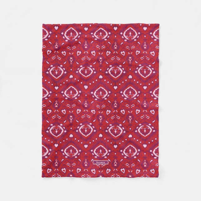Chic colourful red and purple ikat tribal patterns fleece blanket (Front)