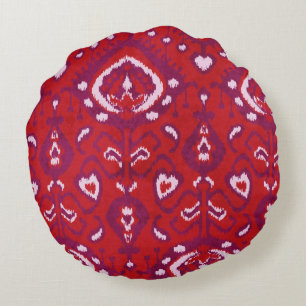 Chic colourful red and purple ikat tribal patterns round pillow