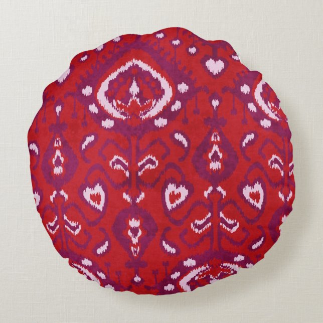 Chic colourful red and purple ikat tribal patterns round pillow (Back)