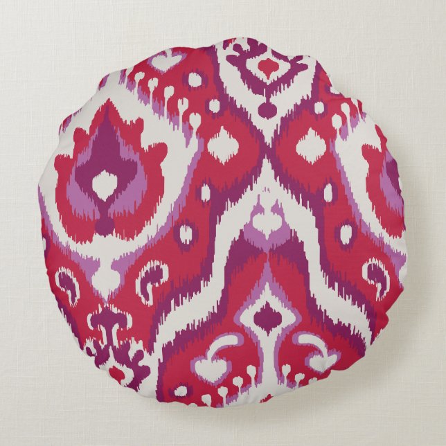 Chic colourful red and purple ikat tribal patterns round pillow (Back)