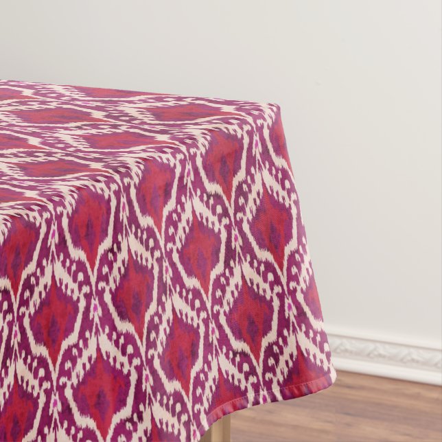 Chic colourful red and purple ikat tribal patterns tablecloth (In Situ)
