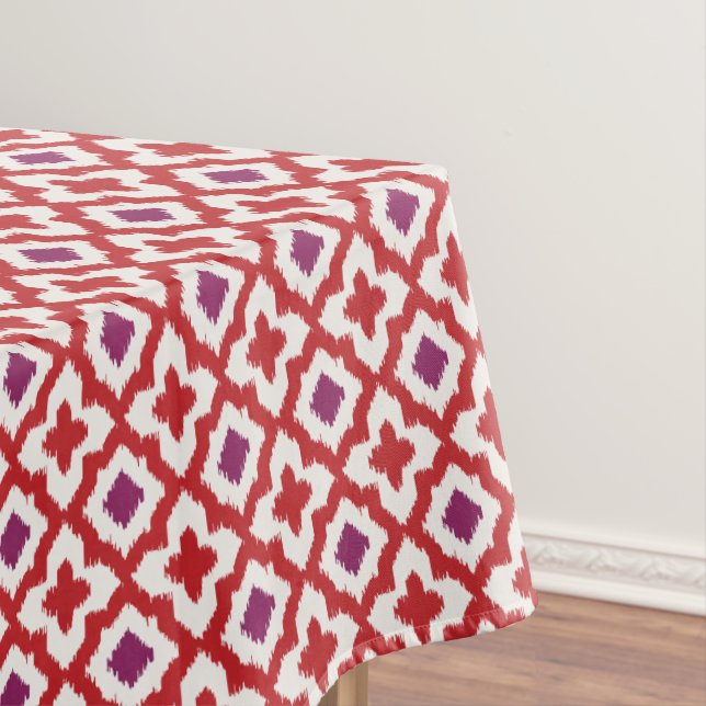 Chic colourful red and purple ikat tribal patterns tablecloth (In Situ)