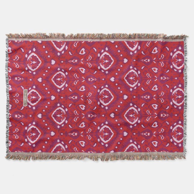 Chic colourful red and purple ikat tribal patterns throw blanket (Front)