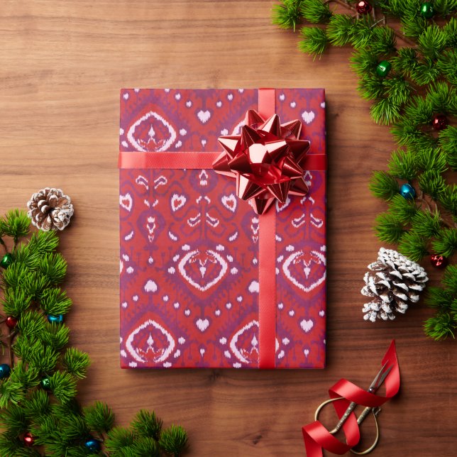 Chic colourful red and purple ikat tribal patterns wrapping paper (Holiday Gift)