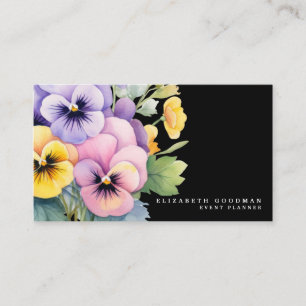 Chic Colourful Spring Pansies Black Business Cards