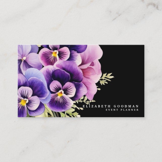 Chic Colourful Spring Pansies Black Business Cards (Front)