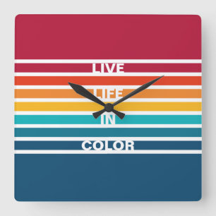 Chic Colourful Stripes Pattern Live Life in Colour Square Wall Clock