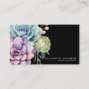 Chic Colourful Succulents Black Business Cards