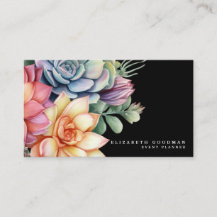 Chic Colourful Succulents Black Business Cards