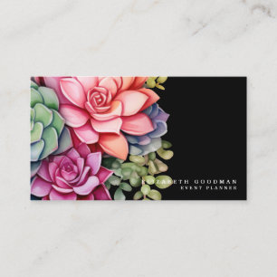 Chic Colourful Succulents Black Business Cards