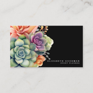 Chic Colourful Succulents Black Business Cards