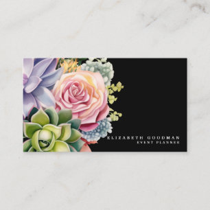 Chic Colourful Succulents Black Business Cards