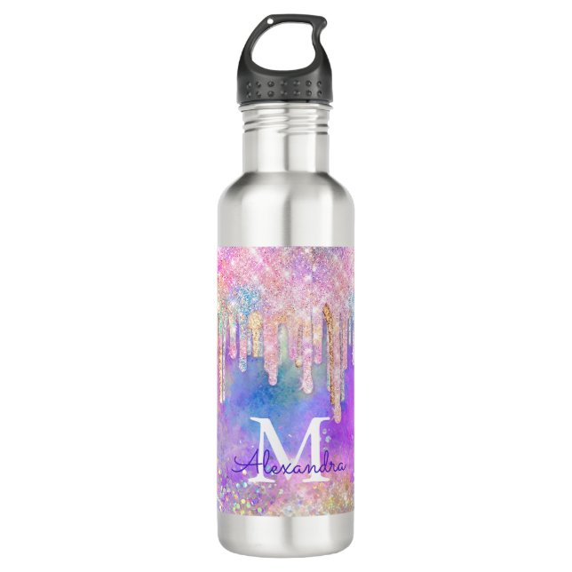 Chic colourful unicorn dripping glitter monogram 710 ml water bottle (Front)