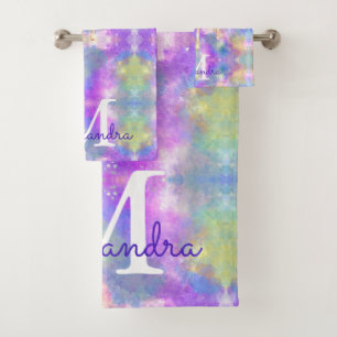 Chic colourful unicorn dripping glitter monogram bath towel set