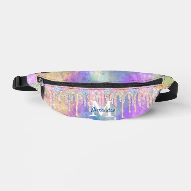 Chic colourful unicorn dripping glitter monogram fanny pack (Front)
