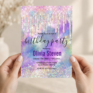 Chic colourful unicorn dripping glitter monogram i invitation