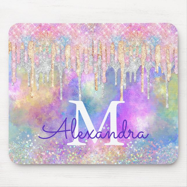 Chic colourful unicorn dripping glitter monogram mouse pad (Front)