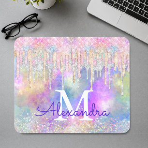 Chic colourful unicorn dripping glitter monogram mouse pad