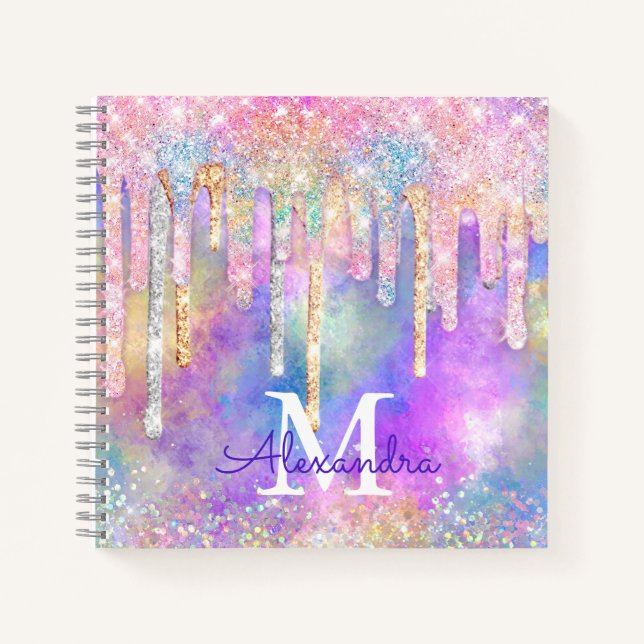 Chic colourful unicorn dripping glitter monogram notebook (Front)