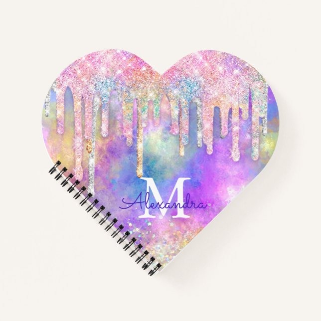 Chic colourful unicorn dripping glitter monogram notebook (Front)