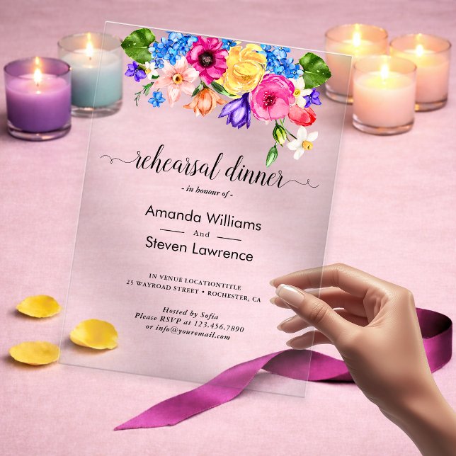 Chic colourful wildflowers wedding rehearsal dinne acrylic invitations (Creator Uploaded)