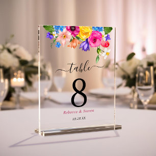 Chic colourful wildflowers wedding table numbers acrylic sign