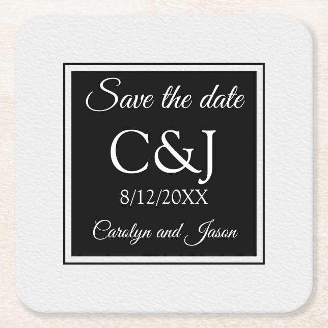 Chic Contemporary Monogrammed Save the Date Square Paper Coaster (Front)