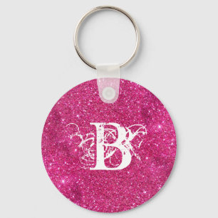 Chic Cool Pink Glitter White Initial Monogram Keychain