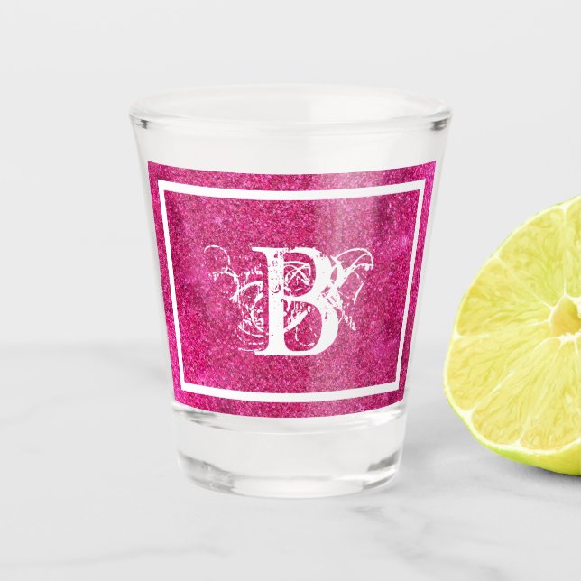 Chic Cool Pink Glitter White Initial Monogram Shot Glass (Front)
