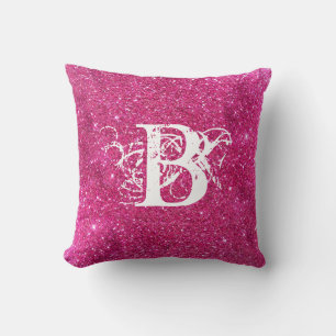 Chic Cool Pink Glitter White Initial Monogram Throw Pillow