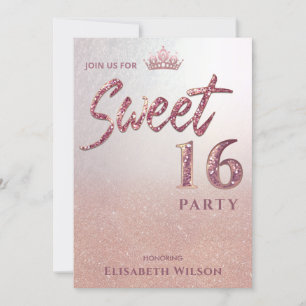 Chic Cool typography rose gold tiara sweet 16 Invitation