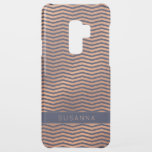Chic Copper Rose Gold Foil Navy Blue Chevron Uncommon Samsung Galaxy S9 Plus Case<br><div class="desc">Girly Copper Rose Gold Foil Chevron on Navy Blue phone case with elegant dark blue background and space for your name or other custom text. Easy to customize with text, fonts, and colours. Created by Zazzle pro designer BK Thompson © exclusively for Cedar and String; please contact us if you...</div>