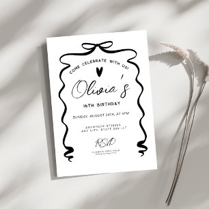 Chic coquette Black Bow 16th Birthday Party Invitation