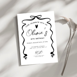 Chic coquette Black Bow 16th Birthday Party Invitation