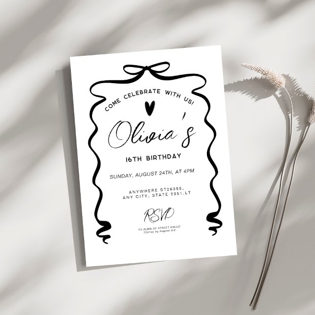 Chic coquette Black Bow 16th Birthday Party Invitation (Creator Uploaded)