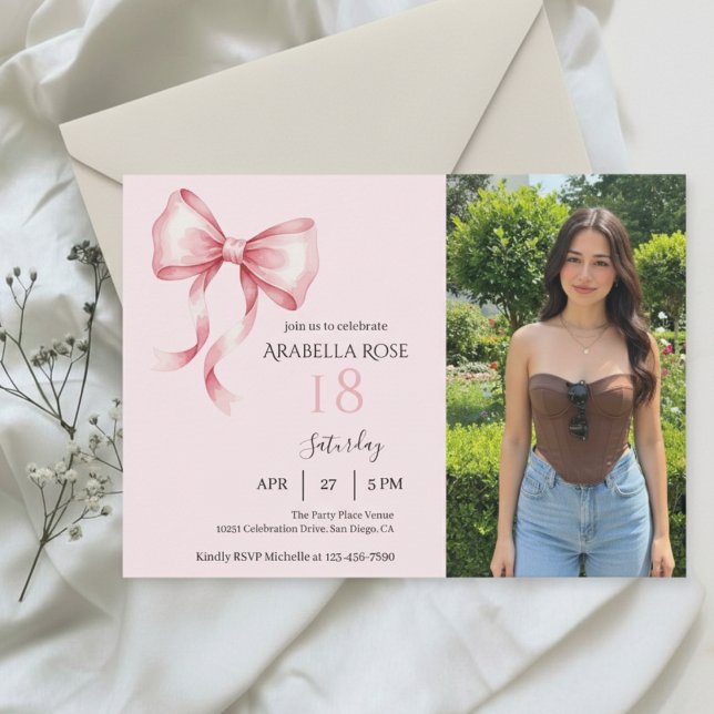 Chic Coquette Bow Photo Birthday Party Invitation (Creator Uploaded)