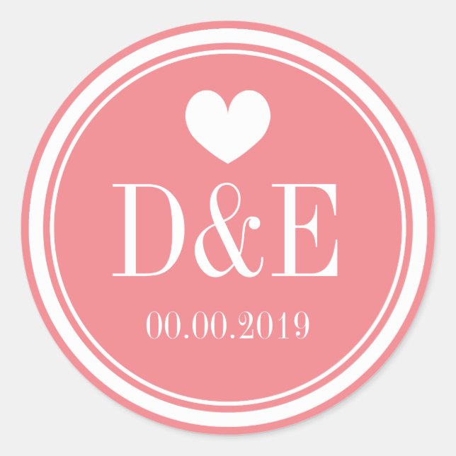 Chic corail rose monogramme autocollants de mariag (Devant)
