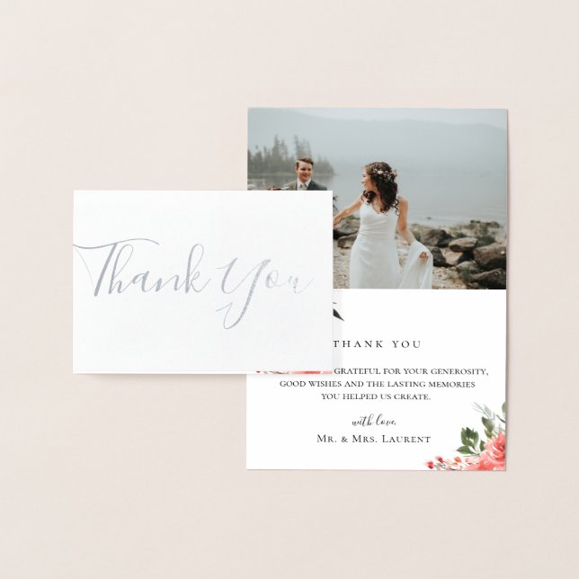 Chic Coral Floral Wedding Photo Thank You Card (Display)