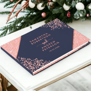 Chic Coral glitter confetti navy blue wedding Guest Book