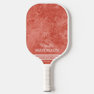 Chic Coral Marble White Stripes Name Phone Custom Pickleball Paddle