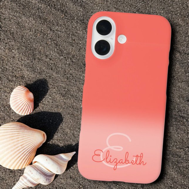 Chic Coral Ombre Name Initial Letter Monogram Case-Mate iPhone Case (Ombre phone case back with template text for monogram)
