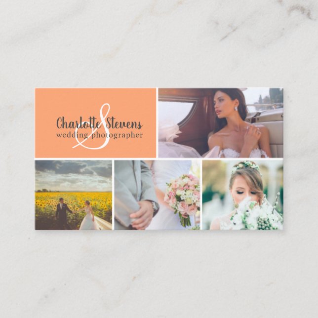 Chic coral orange wedding photographer collage business card (Front)