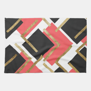Chic Coral Pink Black and Gold Square Geometric Kitchen Towel