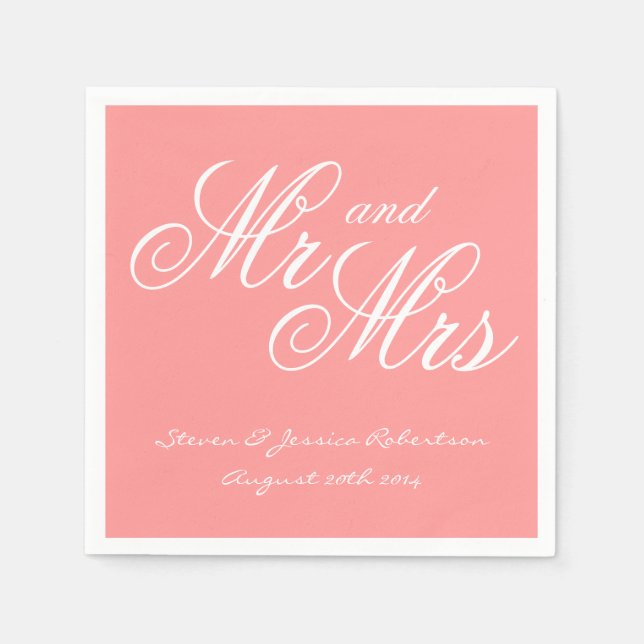 Chic coral pink Mr and Mrs paper wedding napkins (Front)