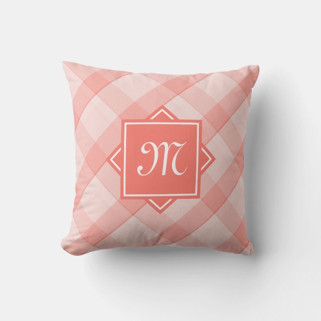 Chic Coral Plaid With Modern Diagonal Monogram Throw Pillow (Front)
